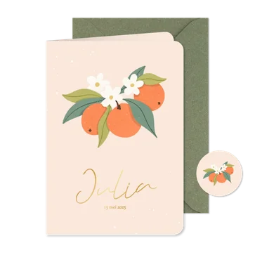 Trendy geboortekaartje oranje met sinaasappels goudfolie